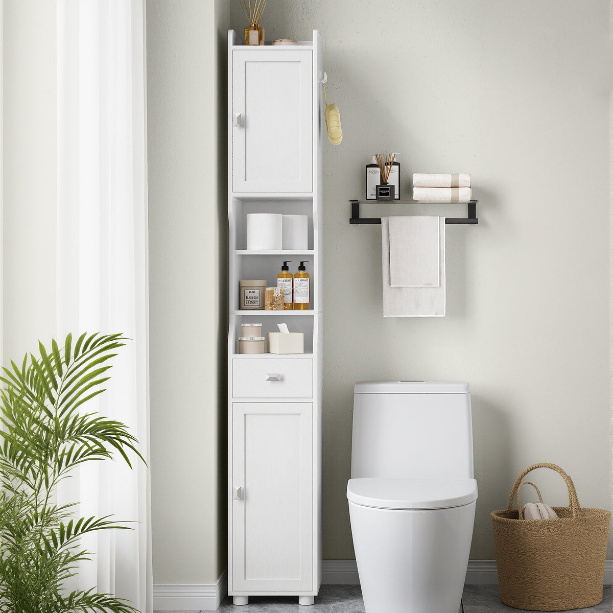 HEXCELEN Bathroom Cabinet, Narrow Tall Bathroom Cabinet, Bathroom Tall Cabinet with 2 Doors and 1 Drawer, Adjustable Shelves, Open Compartment, Space-Saving Bathroom Shelf, 28 x 28 x 180 cm, White, 480013X