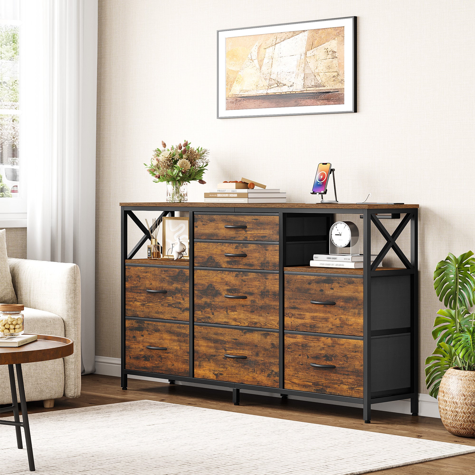 Hzuaneri Chest of Drawers 140 cm, 2 USB & 2 AC Ports, Chest of Drawers with 8 Fabric Drawers, Versatile Storage Furniture for Living Room and Bedroom, 30 x 140 x 86 cm, Vintage DU03801B