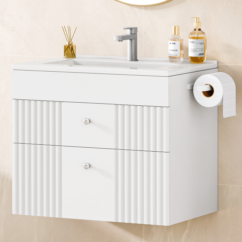 Hzuaneri Bathroom Vanity Unit, Wall-Mounted Sink with Cabinet, Bathroom Cabinet, 2 Drawers, 1 Towel Rail, Large Storage Capacity, 40 x 60 x 50 cm, White，BC64103X