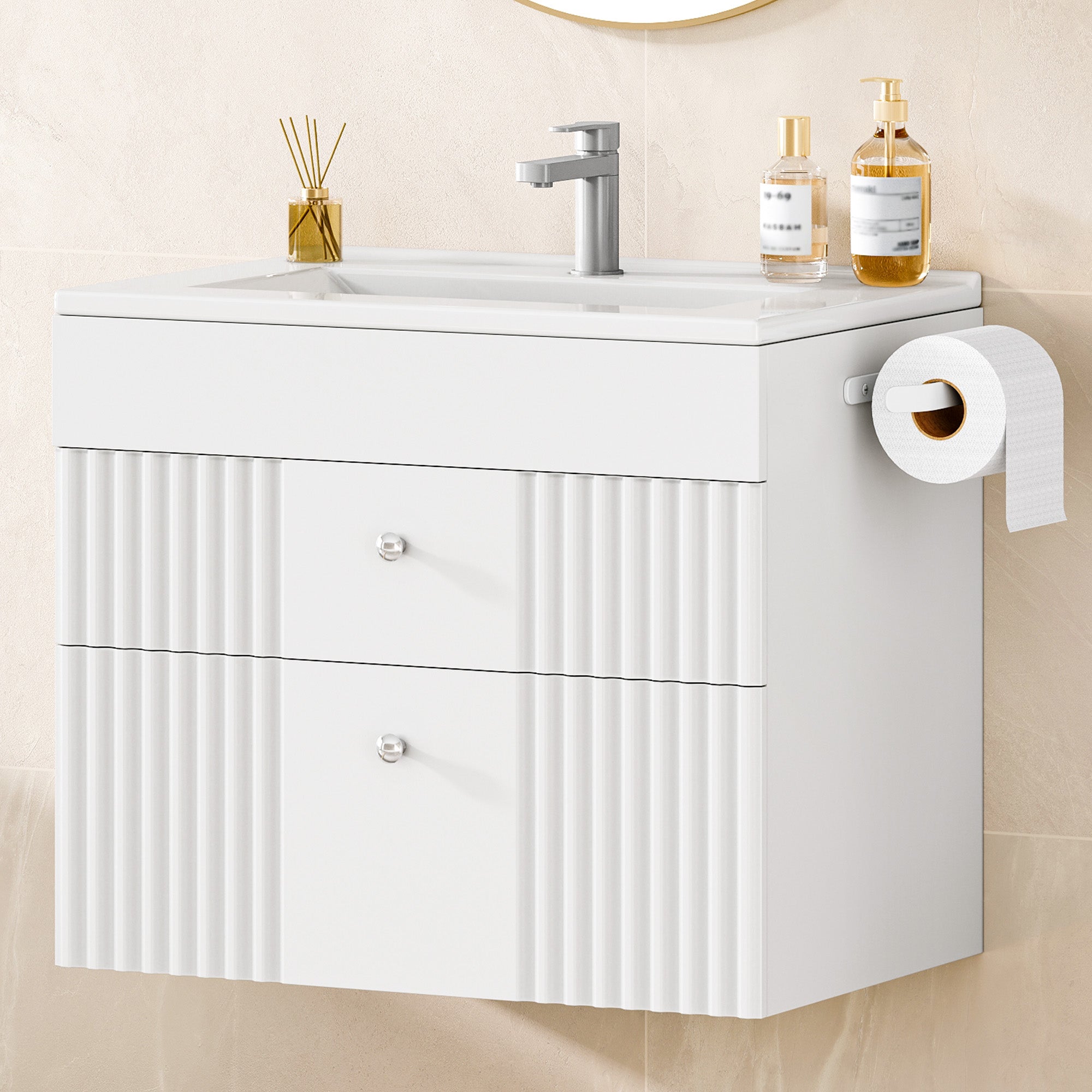 Hzuaneri Bathroom Vanity Unit, Wall-Mounted Sink with Cabinet, Bathroom Cabinet, 2 Drawers, 1 Towel Rail, Large Storage Capacity, 40 x 60 x 50 cm, White，BC64103X