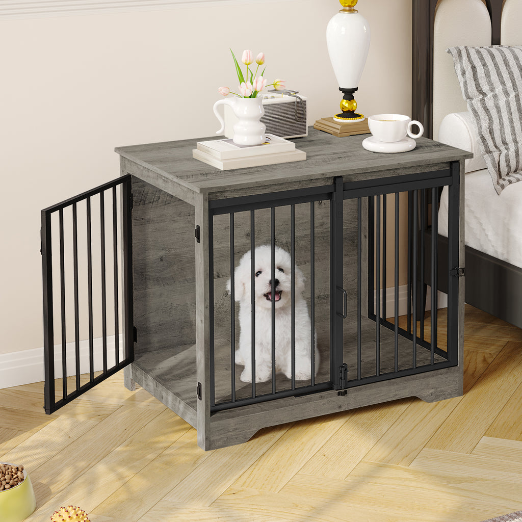 Hzuaneri Dog Crate Furniture, 81cm Dog Box for Home Use, Sliding Doors, 2 Doors, Modern Wooden Indoor Dog Box for Small/Medium Dogs, Dog Crate for Home Use, 81 x 55 x 67.5cm, Light Ivory DFC83605B