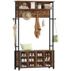 Hzuaneri Coat Rack with Shoe Bench, Wardrobe with 13 Hooks, 14 Open Compartments, Adjustable Shelves, Clothes Rack for Hallway, Entrance Area, 31 x 110 x 187 cm, Vintage Brown-Black HT17901B