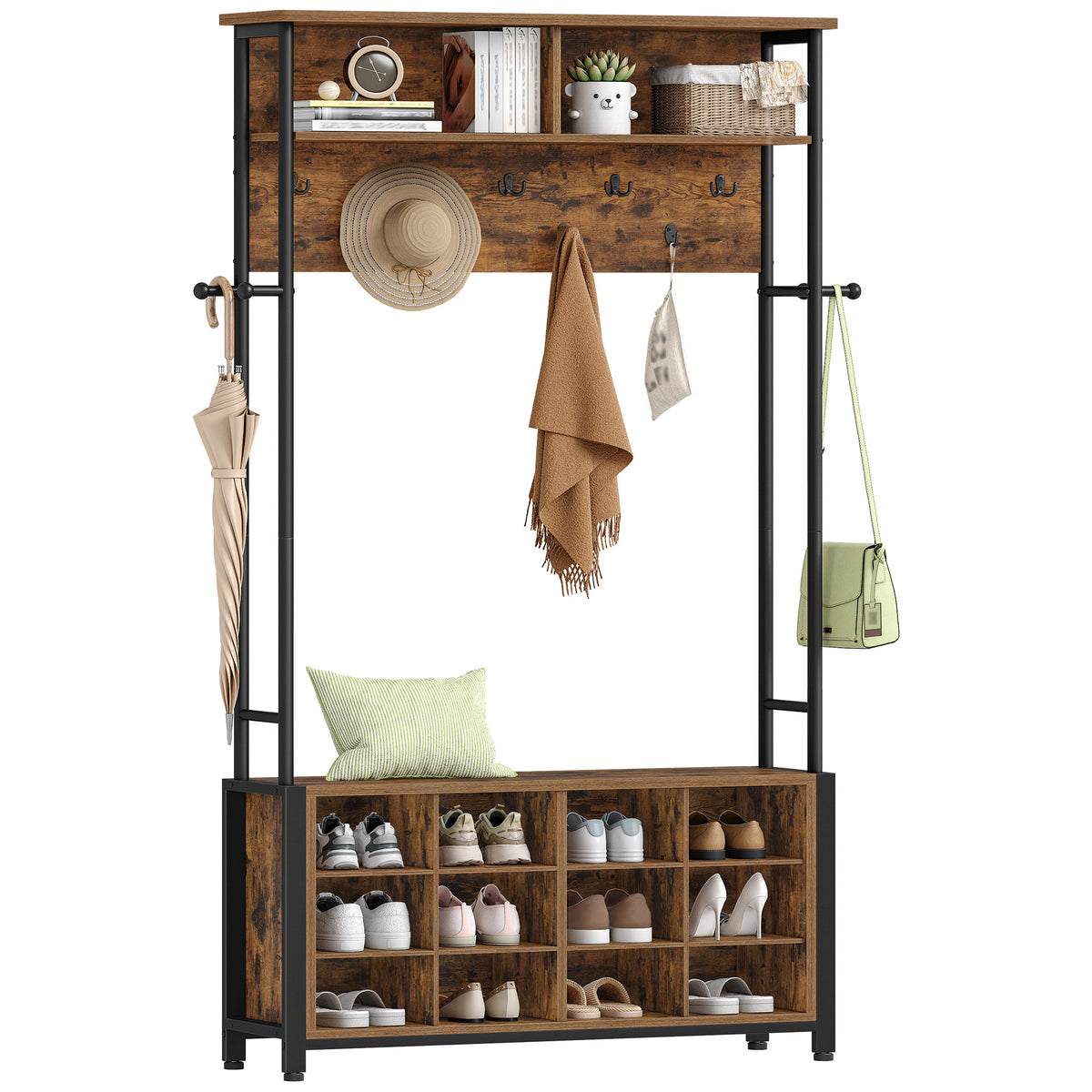 Hzuaneri Coat Rack with Shoe Bench, Wardrobe with 13 Hooks, 14 Open Compartments, Adjustable Shelves, Clothes Rack for Hallway, Entrance Area, 31 x 110 x 187 cm, Vintage Brown-Black HT17901B