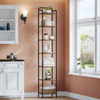 Hzuaneri 7-Tier Bookcase Bookshelf, Narrow Tall Bookcase, Slim Wooden Shelving Unit for Bedroom, Living Room, Home Office, Sturdy, Rustic Brown and Black, BC24801B