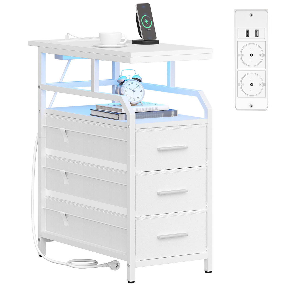 HEXCELEN Side Table, Narrow Nightstand, Bedside Table with 3 Drawers and 1 Open Compartment, Sofa Table, for Bedroom, Living Room, 60 × 30 × 66.6 cm, Modern White 336103W