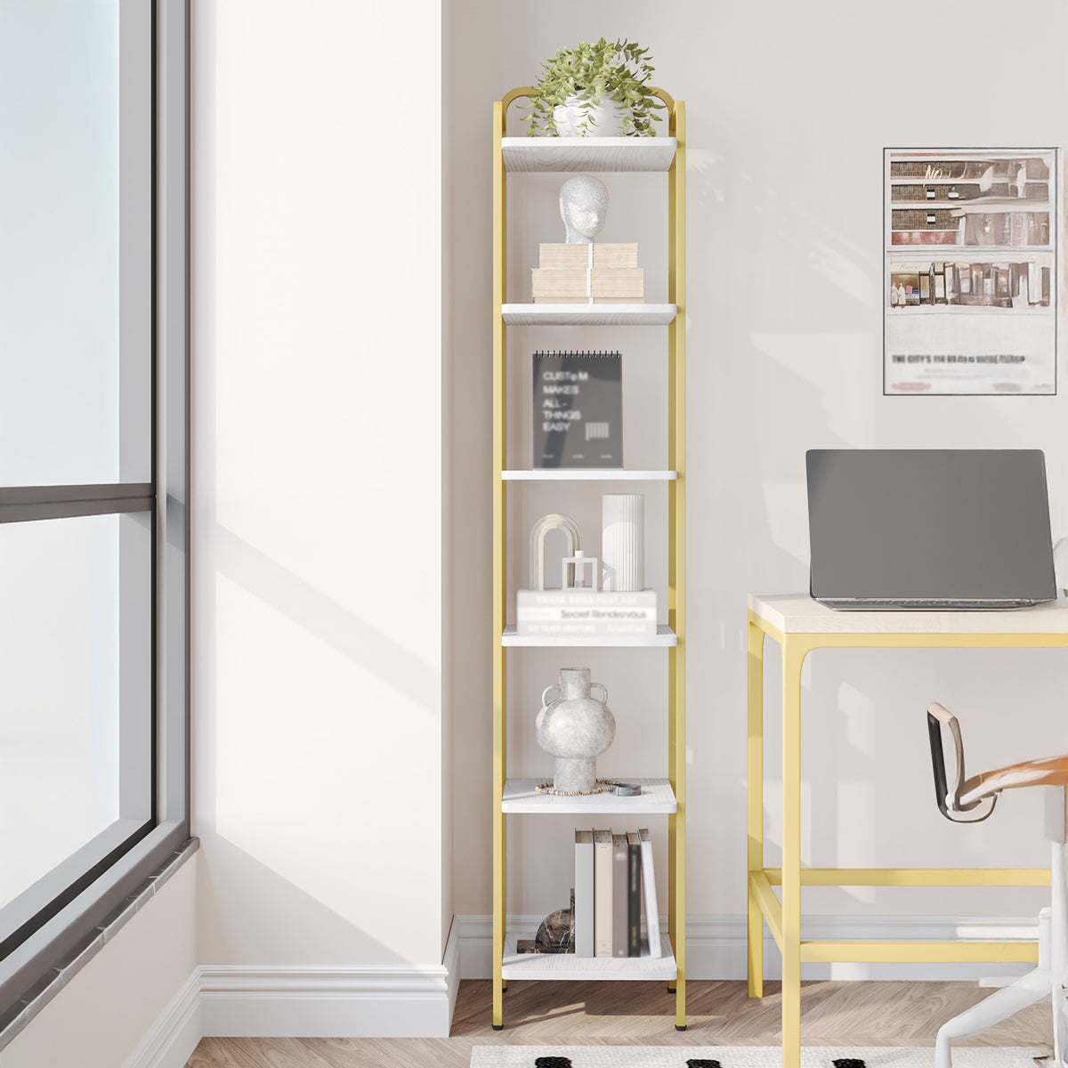 Hzuaneri 6-Tier Bookcase Bookshelf, Narrow Tall Bookcase, Slim Wooden Shelving Unit for Bedroom, Living Room, Home Office, Sturdy, White-Gold, BC24613G