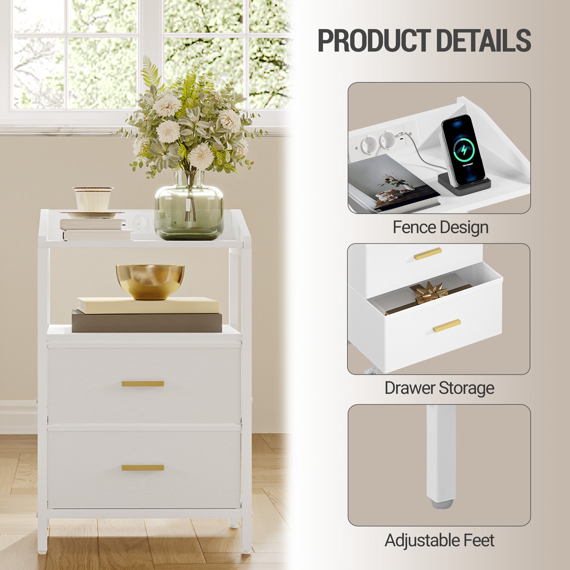 Hzuaneri Table de Chevet, avec Éclairage LED, Table de Nuit avec 2 Tiroirs de Rangement en Tissu, Tables d'appoint avec Ports USB et 2 Prises CA, pour Chambre, Blanc NS36113W
