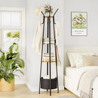 Hzuaneri Coat Rack, Clothes Rack with Large Storage Basket, Wardrobe with 3 Shelves, 16 Hooks, for Entrance Area, Bedroom, 182.5 cm High, Brown and Black CR27301B