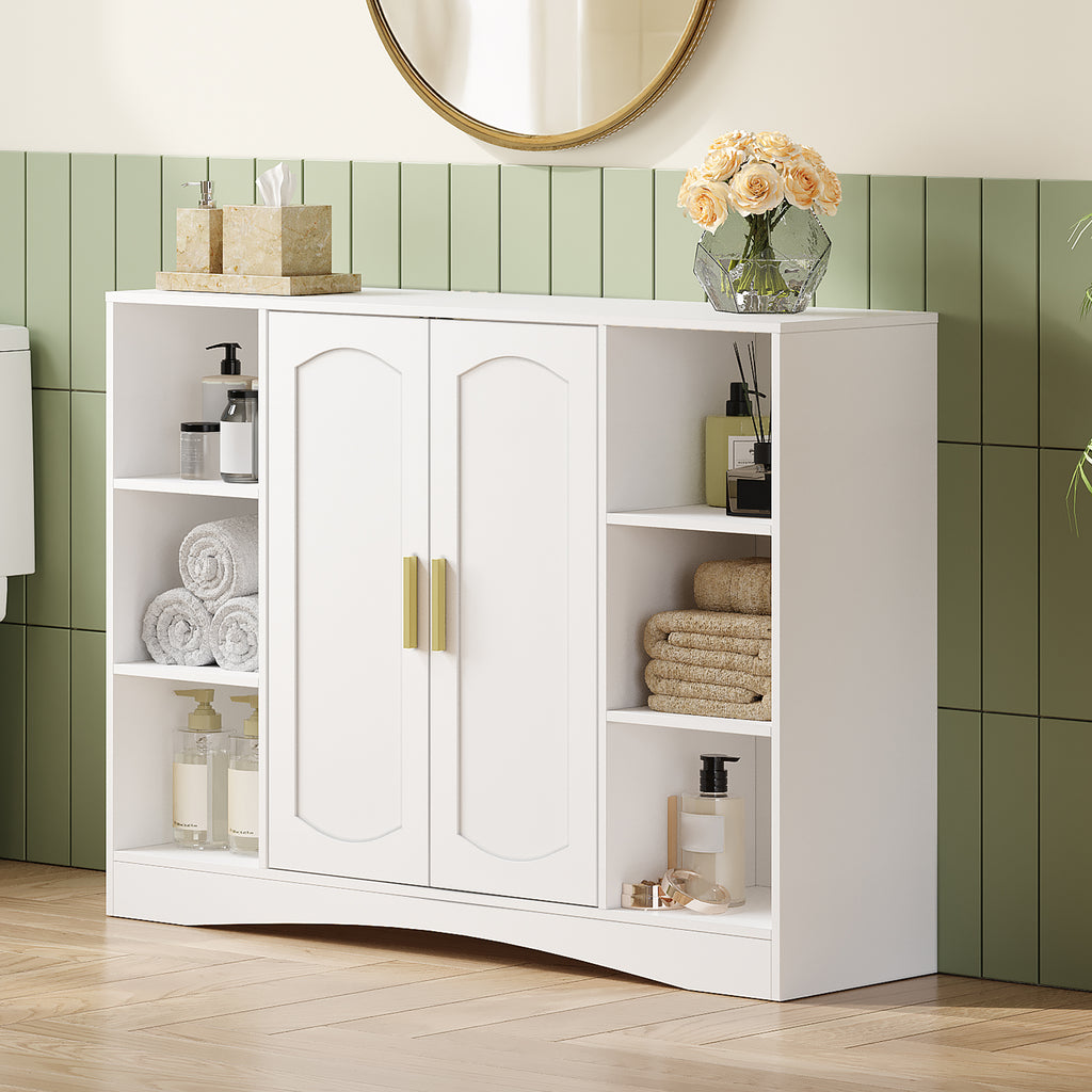 HEXCELEN Bathroom Cabinet, Storage Cabinet with 2 Doors, Side Cabinet, Kitchen Cabinet with Open Compartment, Adjustable Shelf, Bathroom Cabinet, for Bathroom, Living Room, Kitchen, White, 30 × 100 × 75 cm 507103X