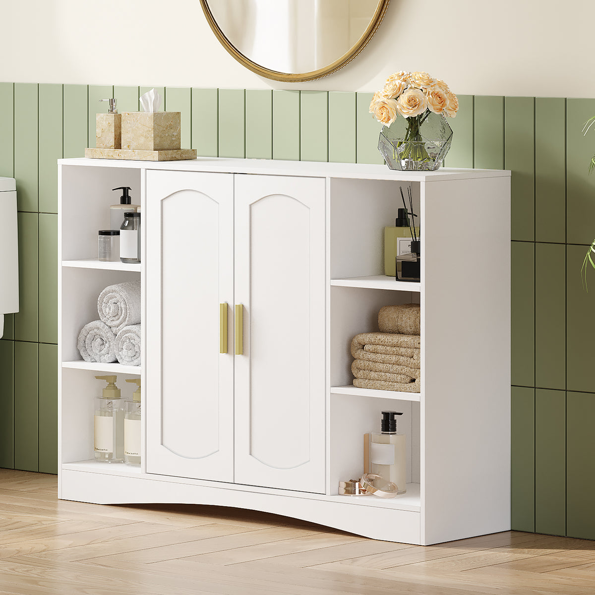 HEXCELEN Bathroom Cabinet, Storage Cabinet with 2 Doors, Side Cabinet, Kitchen Cabinet with Open Compartment, Adjustable Shelf, Bathroom Cabinet, for Bathroom, Living Room, Kitchen, White, 30 × 100 × 75 cm 507103X