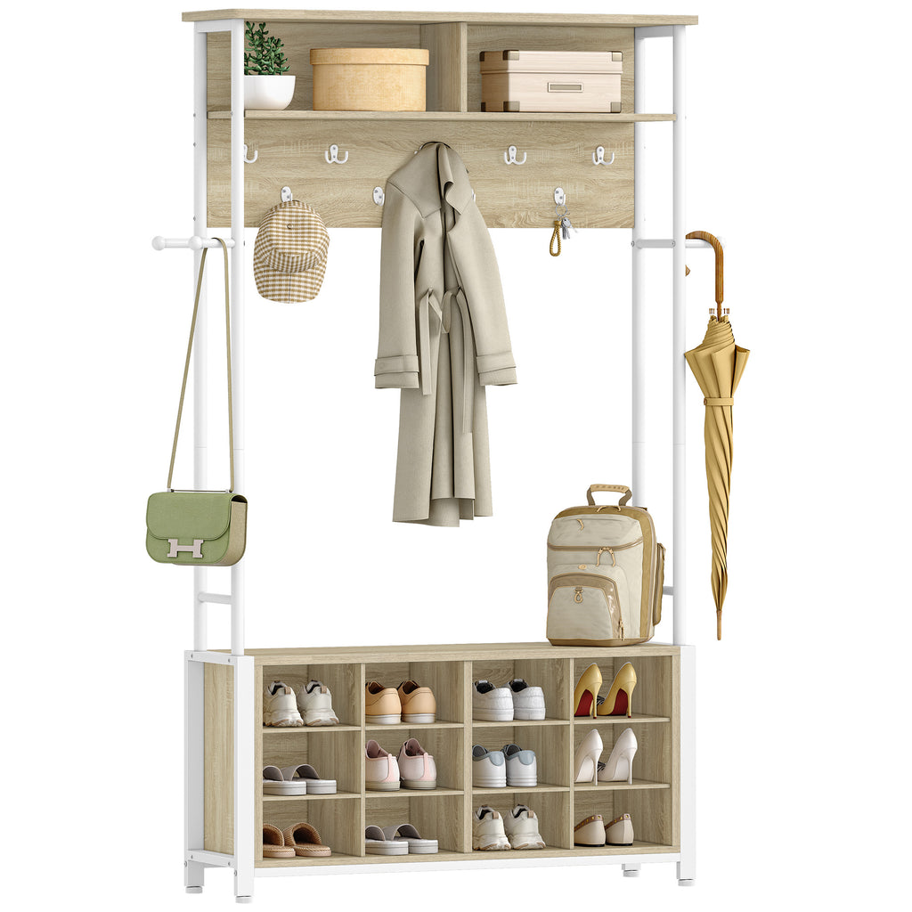 Hzuaneri Coat Rack with Shoe Bench, Wardrobe with 13 Hooks, 14 Open Compartments, Adjustable Shelves, Clothes Rack for Hallway, Entrance Area, 31 x 110 x 187 cm, Oak-White HT17916W