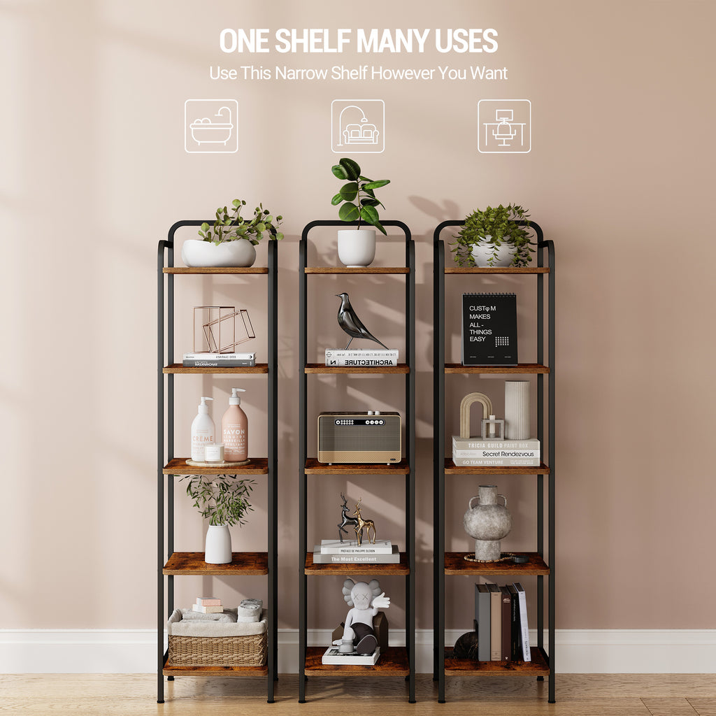 Hzuaneri 5-Tier Bookcase Bookshelf, Narrow Tall Bookcase, Slim Wooden Shelving Unit for Bedroom, Living Room, Home Office, Sturdy, Rustic Brown and Black, BC24501B