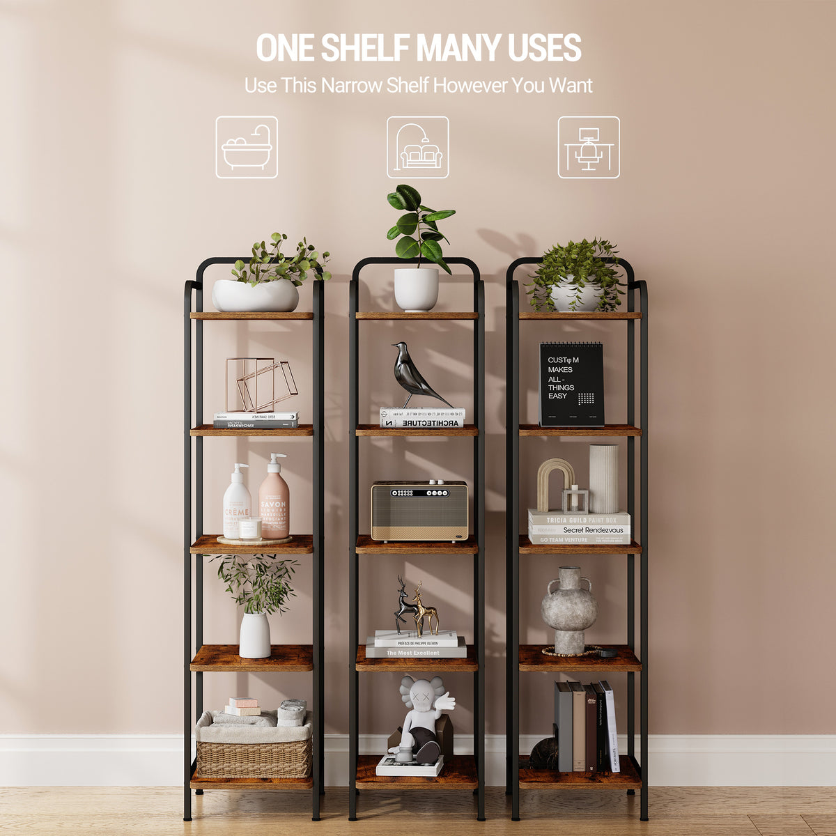 Hzuaneri 5-Tier Bookcase Bookshelf, Narrow Tall Bookcase, Slim Wooden Shelving Unit for Bedroom, Living Room, Home Office, Sturdy, Rustic Brown and Black, BC24501B