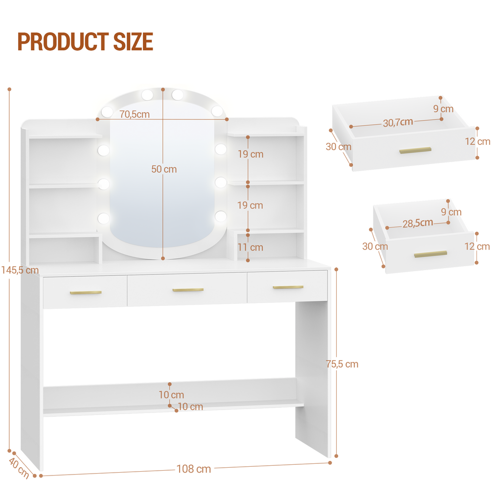 HEXCELEN Dressing Table with Oval Mirror, Vanity Table, Drawers with Open Compartments, for Bedroom and Dressing Room, 40 × 108 × 145.5 cm White,290103X