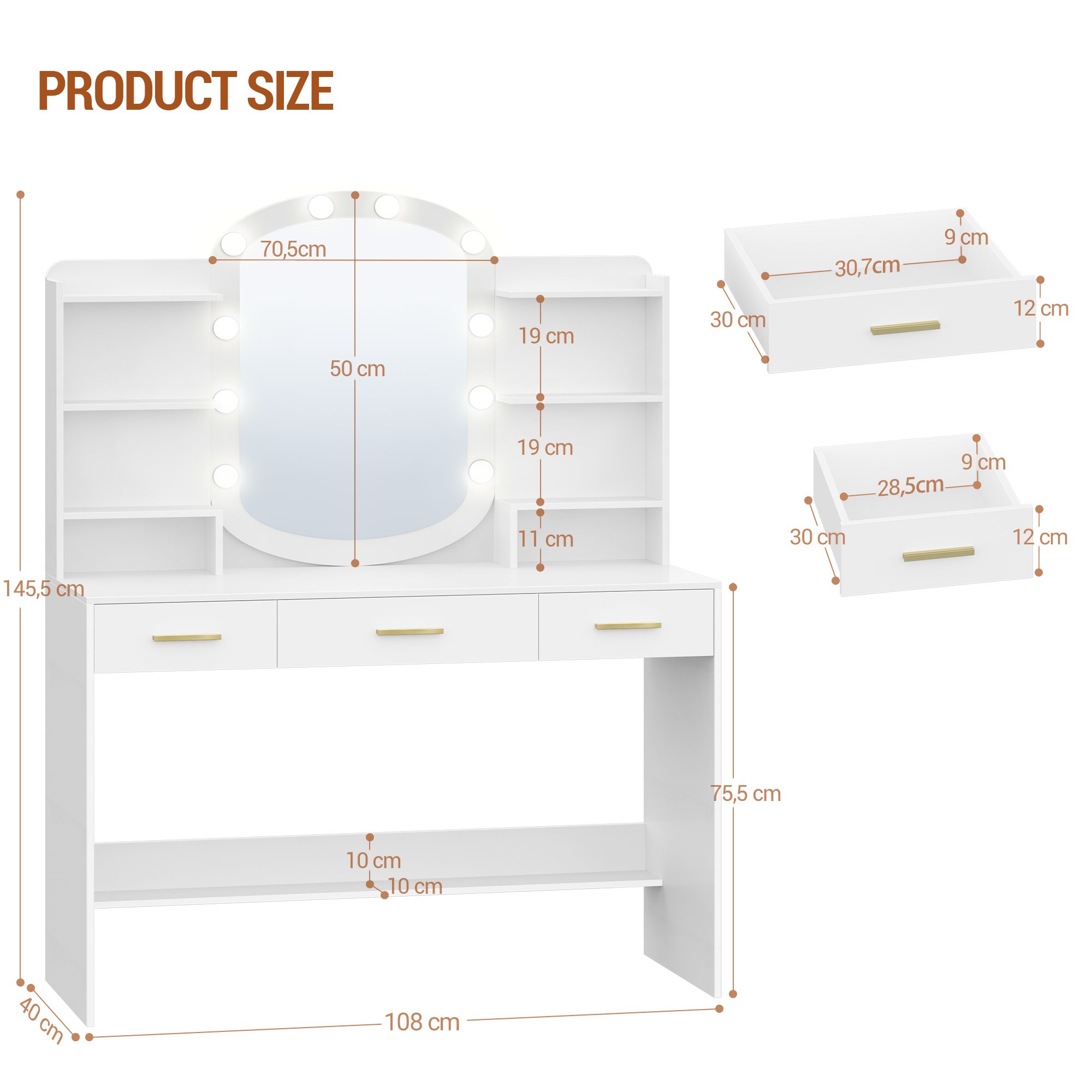 HEXCELEN Dressing Table with Oval Mirror, Vanity Table, Drawers with Open Compartments, for Bedroom and Dressing Room, 40 × 108 × 145.5 cm White,290103X