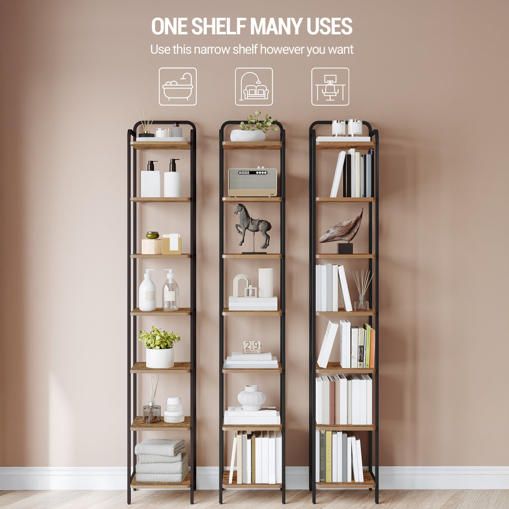 Hzuaneri 7-Tier Bookcase Bookshelf, Narrow Tall Bookcase, Slim Wooden Shelving Unit for Bedroom, Living Room, Home Office, Sturdy, Rustic Brown and Black, BC24801B