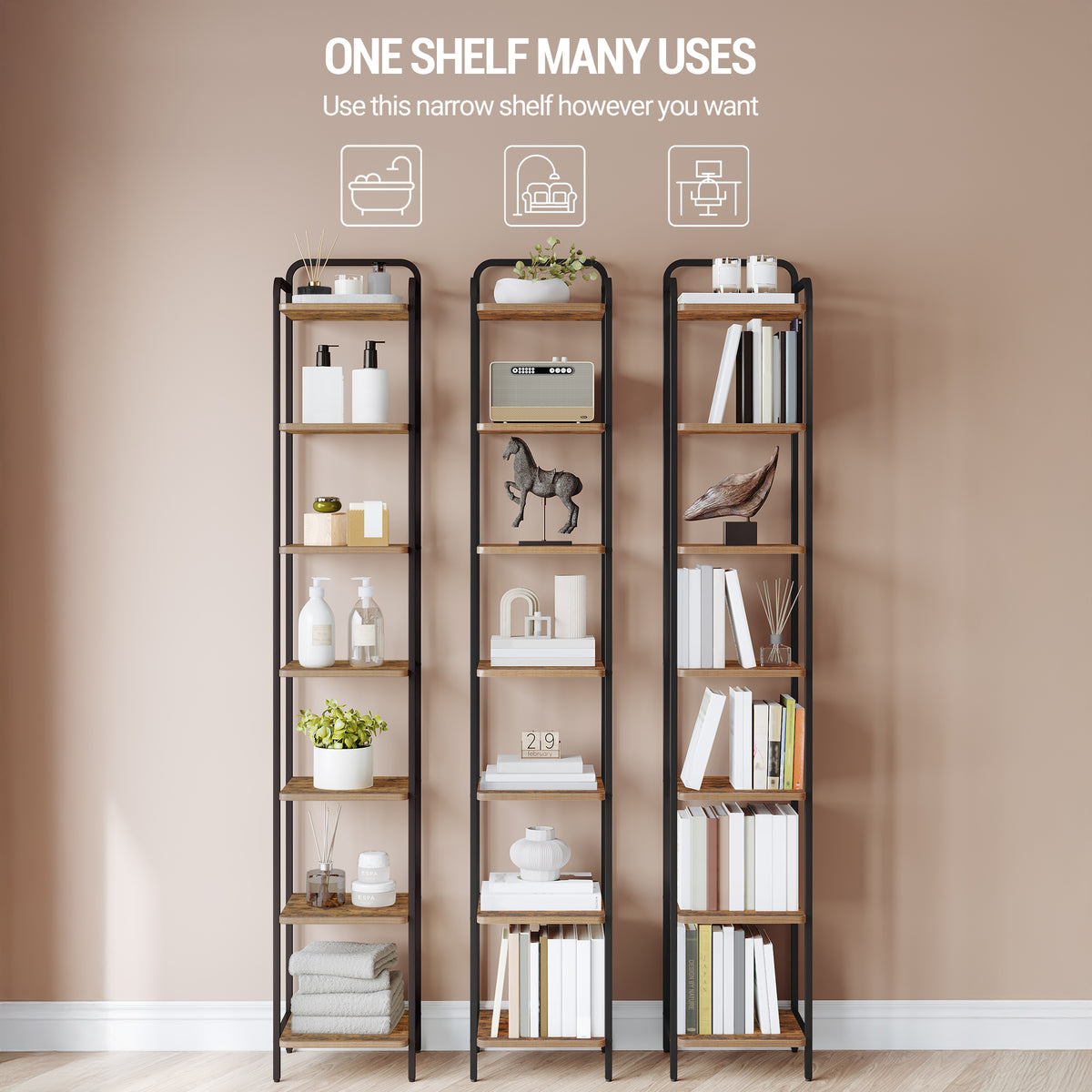 Hzuaneri 7-Tier Bookcase Bookshelf, Narrow Tall Bookcase, Slim Wooden Shelving Unit for Bedroom, Living Room, Home Office, Sturdy, Rustic Brown and Black, BC24801B