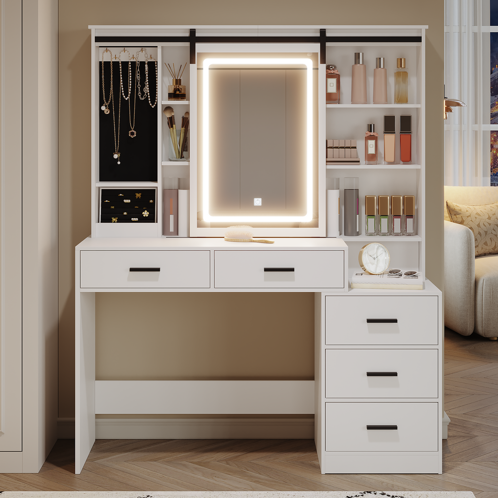 Hzuaneri Vanity Table with Adjustable LED Lighting, Detachable Large Mirror, Jewelry Storage, Open Shelves, 5 Drawers, with Side Table, for Bedroom, White DT33103X