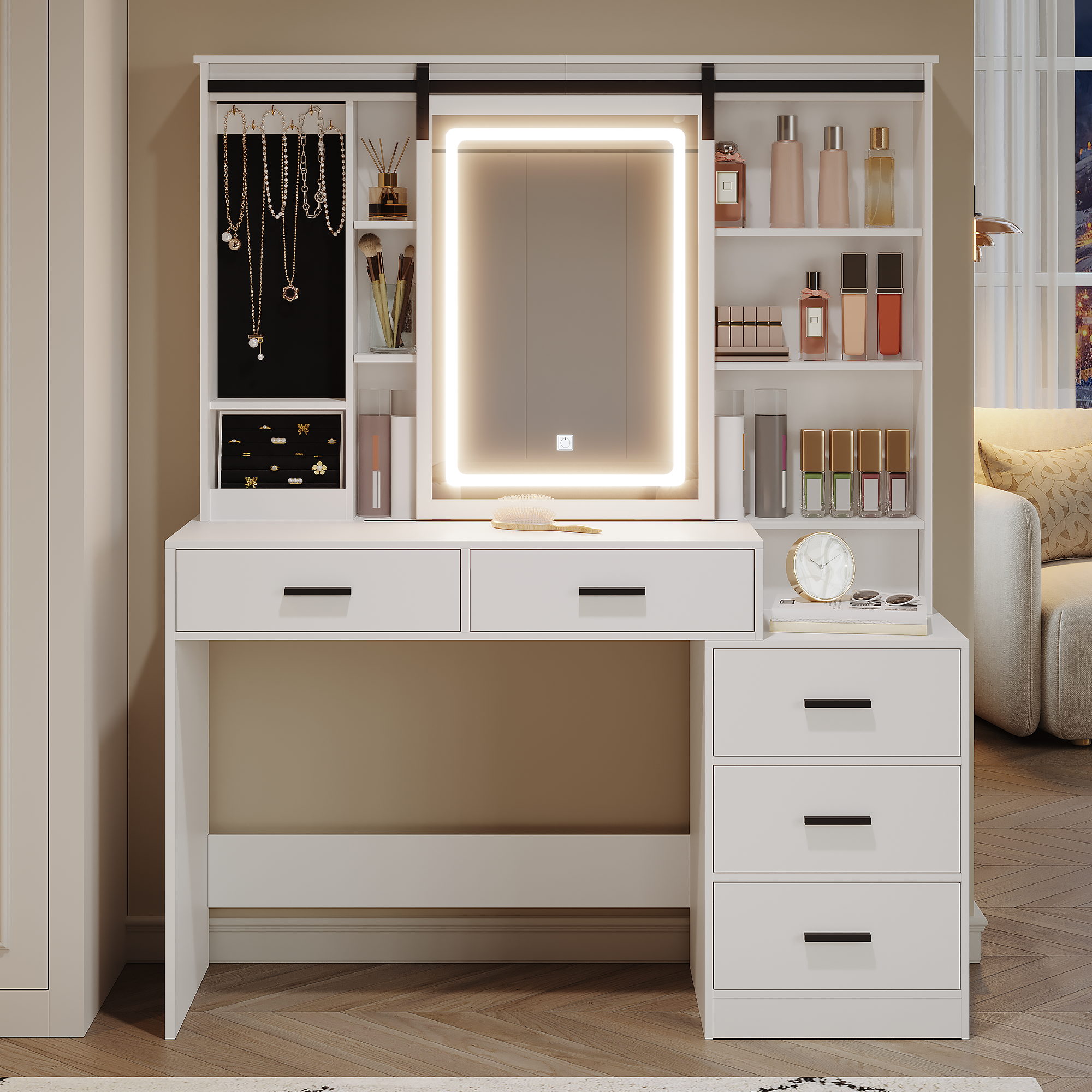 Hzuaneri Vanity Table with Adjustable LED Lighting, Detachable Large Mirror, Jewelry Storage, Open Shelves, 5 Drawers, with Side Table, for Bedroom, White DT33103X