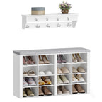 Hzuaneri Wardrobe with Bench, Shoe Bench with Seat, Entrance Bench, Wall-Mounted Wardrobe with 9 Hooks, 16 Compartments, for Living Room, Hallway, 30 x 104 x 59 cm, White-Grey, HT56603GY