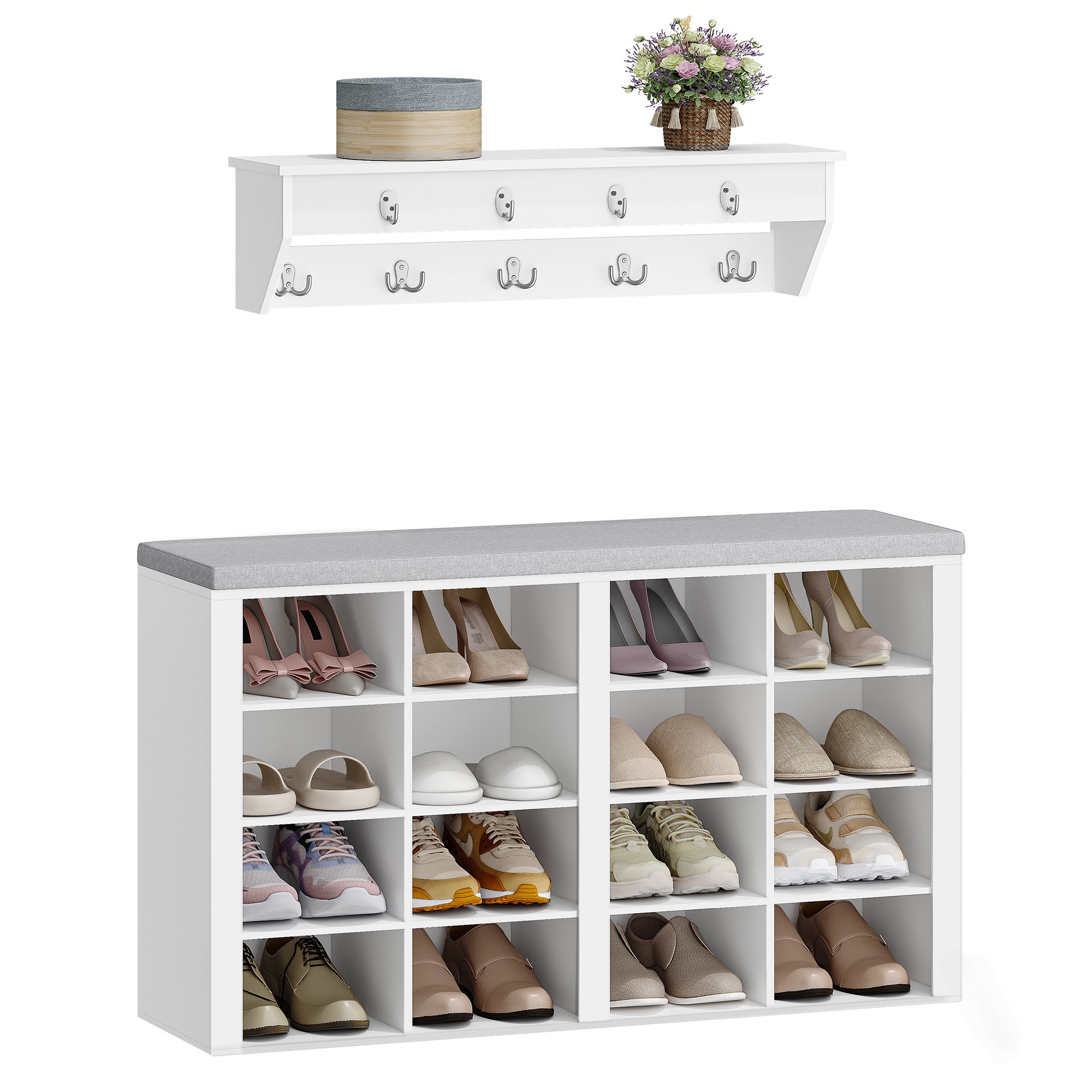 Hzuaneri Wardrobe with Bench, Shoe Bench with Seat, Entrance Bench, Wall-Mounted Wardrobe with 9 Hooks, 16 Compartments, for Living Room, Hallway, 30 x 104 x 59 cm, White-Grey, HT56603GY