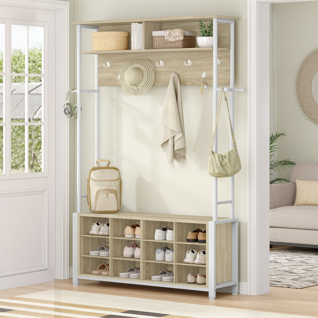 Hzuaneri Coat Rack with Shoe Bench, Wardrobe with 13 Hooks, 14 Open Compartments, Adjustable Shelves, Clothes Rack for Hallway, Entrance Area, 31 x 110 x 187 cm, Oak-White HT17916W