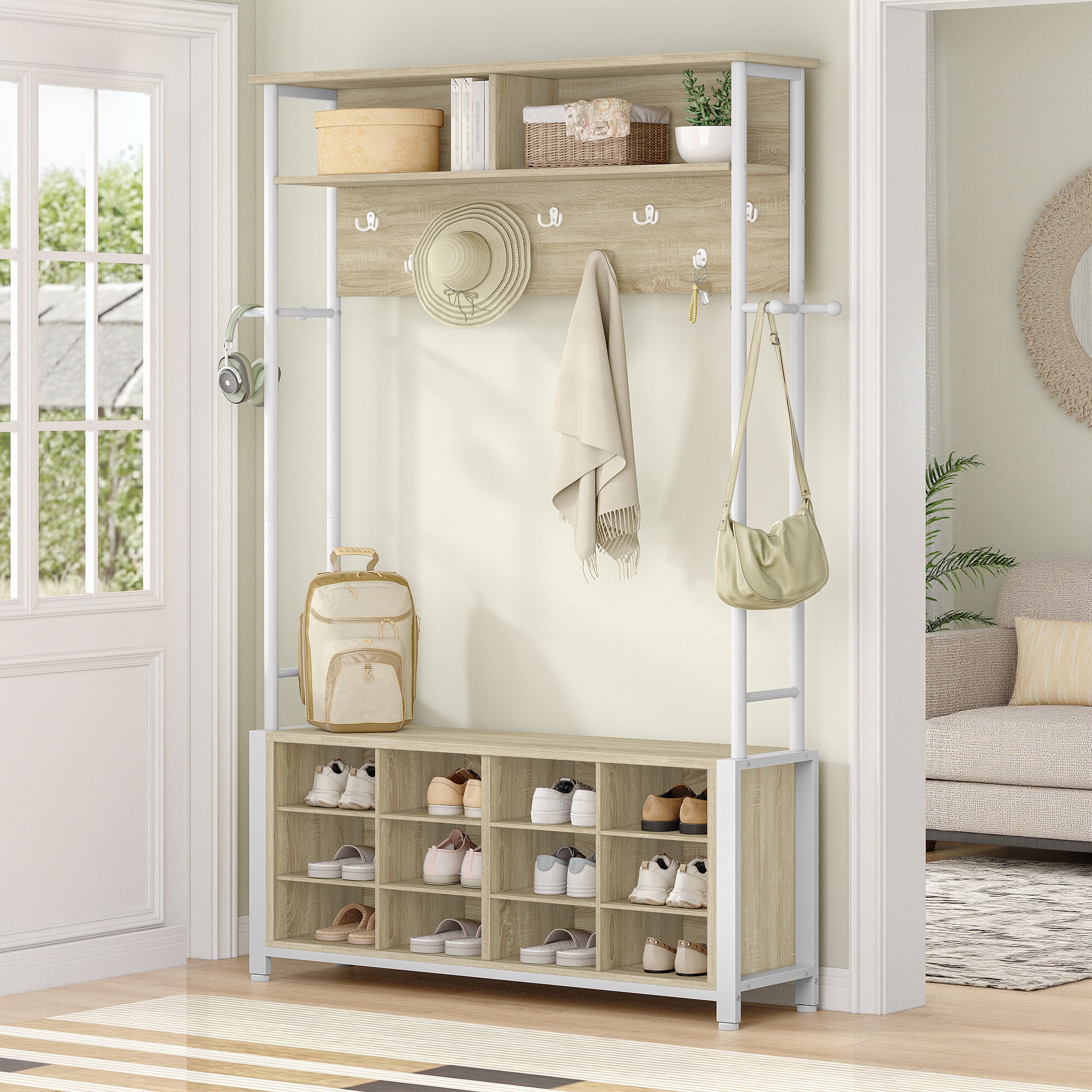 Hzuaneri Coat Rack with Shoe Bench, Wardrobe with 13 Hooks, 14 Open Compartments, Adjustable Shelves, Clothes Rack for Hallway, Entrance Area, 31 x 110 x 187 cm, Oak-White HT17916W