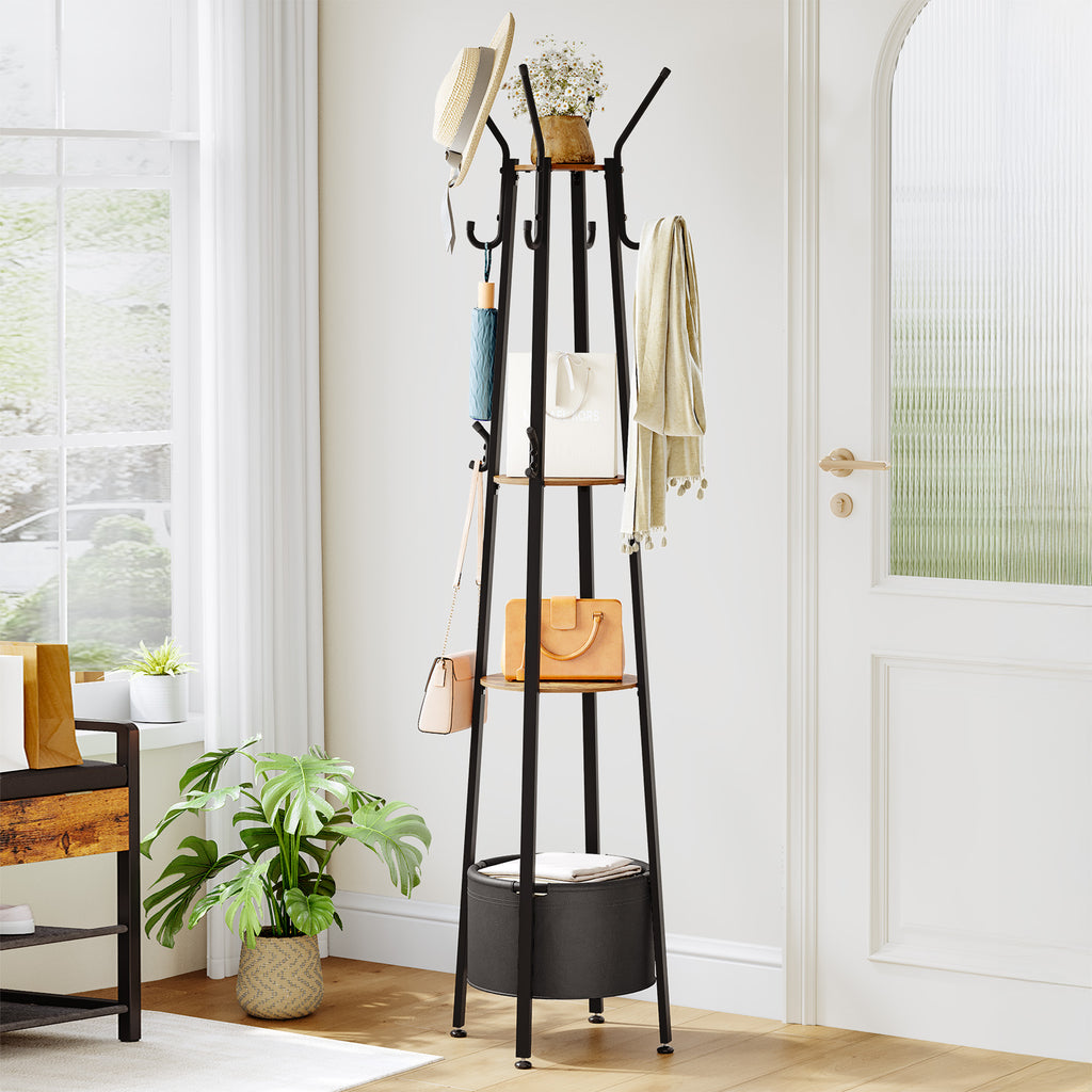 Hzuaneri Coat Rack, Clothes Rack with Large Storage Basket, Wardrobe with 3 Shelves, 16 Hooks, for Entrance Area, Bedroom, 182.5 cm High, Brown and Black CR27301B