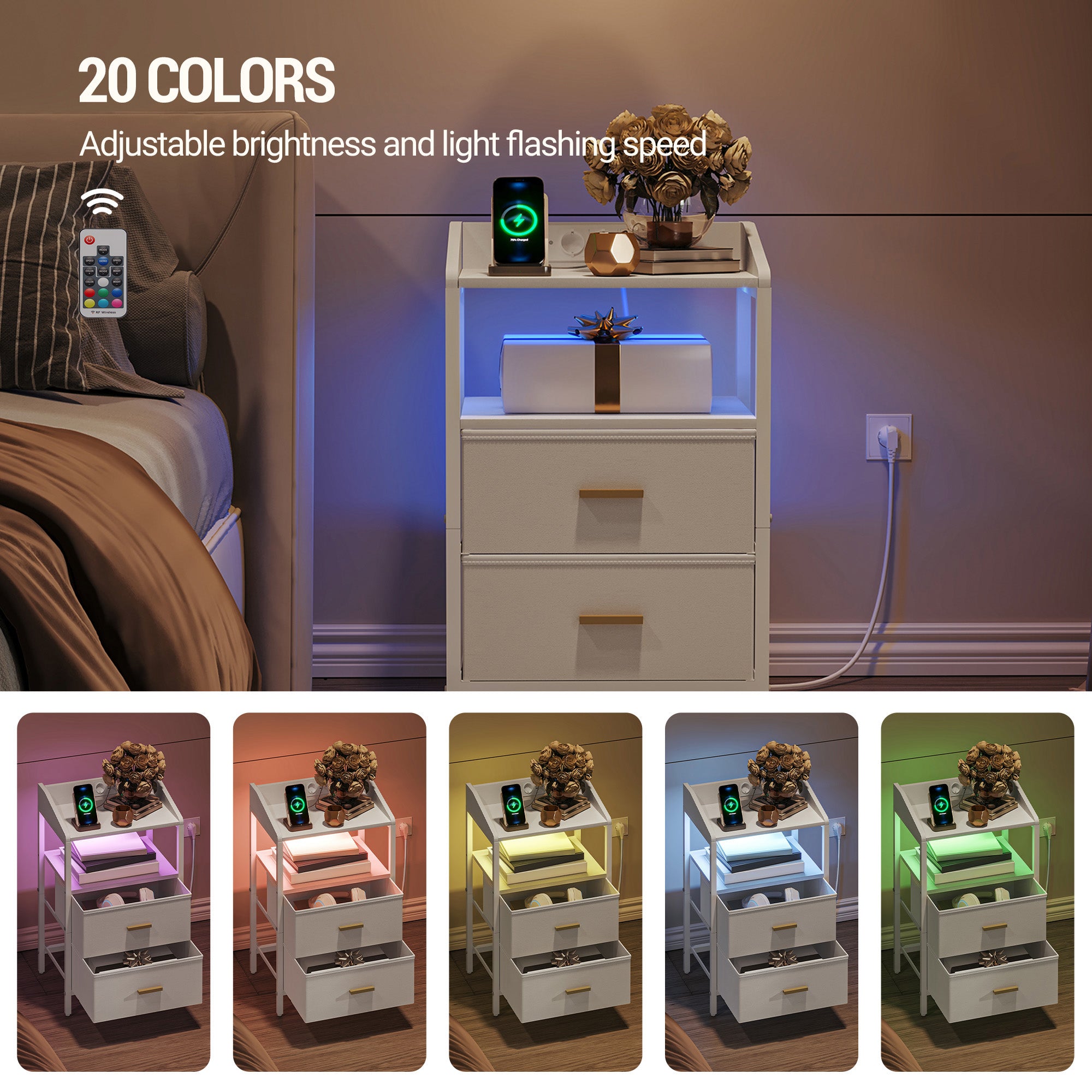 Hzuaneri Table de Chevet, avec Éclairage LED, Table de Nuit avec 2 Tiroirs de Rangement en Tissu, Tables d'appoint avec Ports USB et 2 Prises CA, pour Chambre, Blanc NS36113W
