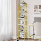 Hzuaneri 6-Tier Bookcase Bookshelf, Narrow Tall Bookcase, Slim Wooden Shelving Unit for Bedroom, Living Room, Home Office, Sturdy, White-Gold, BC24613G