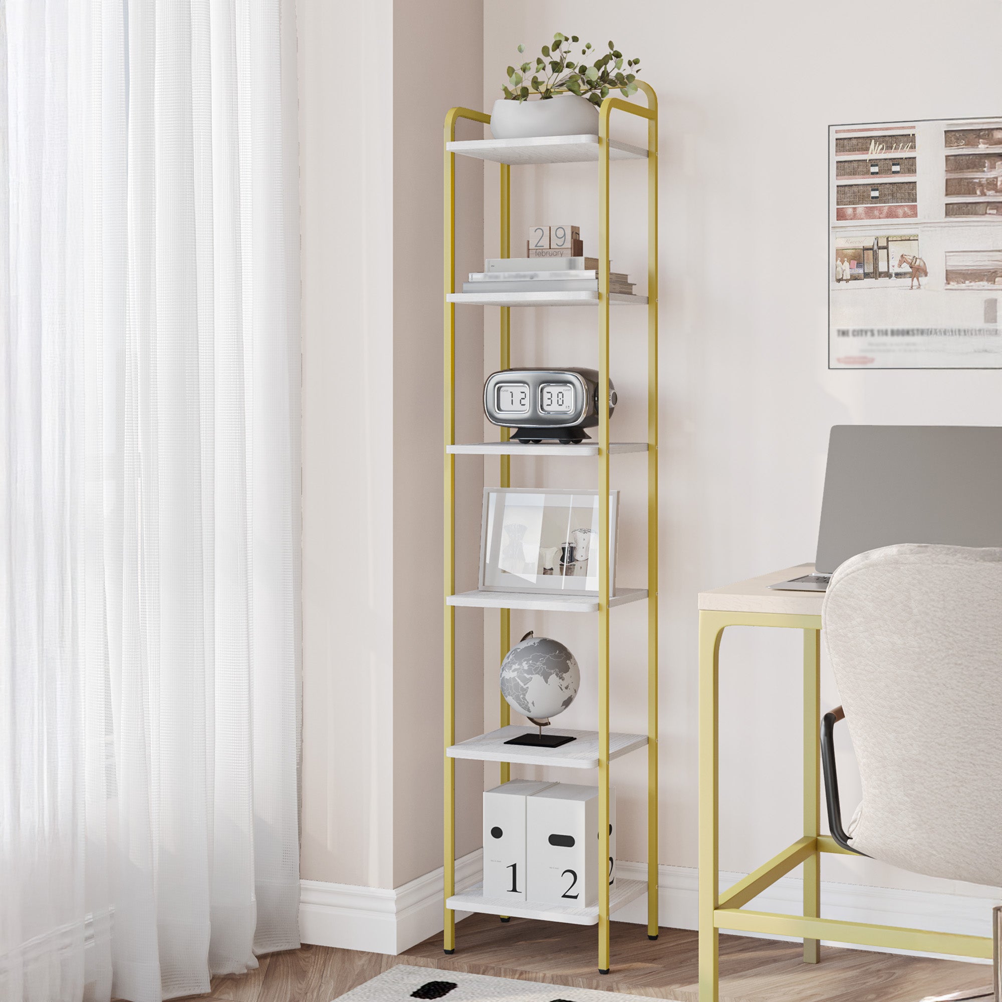 Hzuaneri 6-Tier Bookcase Bookshelf, Narrow Tall Bookcase, Slim Wooden Shelving Unit for Bedroom, Living Room, Home Office, Sturdy, White-Gold, BC24613G