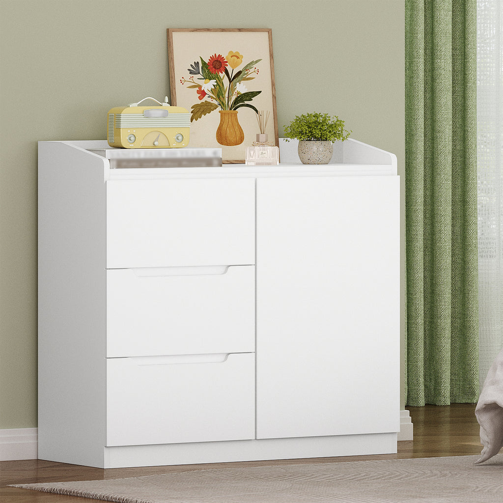 Hzuaneri Chest of Drawers, Chest of Drawers with 3 Drawers and 1 Door, Side Cabinet with Work Surface, Drawer Cabinet, Modern Style, Suitable for Living Room and Bedroom, 40 x 80 x 87 cm, White DC12303X