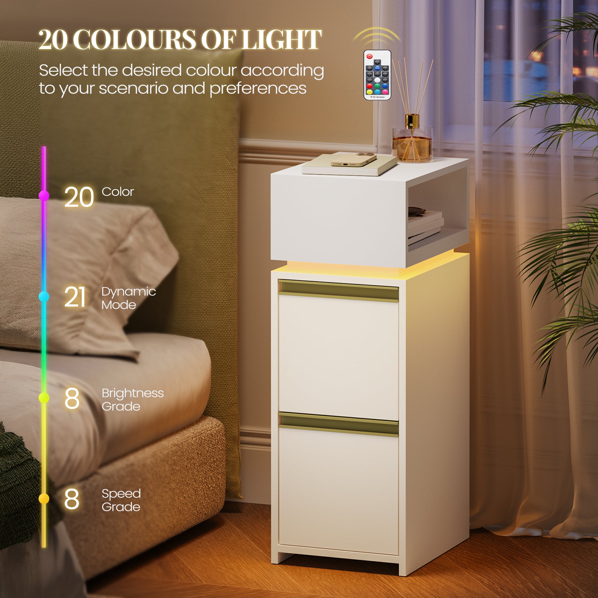 HEXCELEN Nightstand Set of 2, Narrow, Side Table with 2 Drawers and 1 Open Compartment, Bedside Table for Bedroom, Side Table, for Bedroom, Living Room, Modern, White 321203X