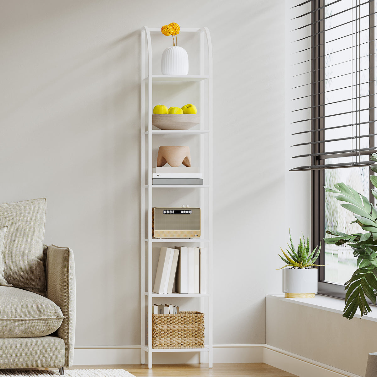 Hzuaneri Bookcase, 6-Tier Bookshelf, Narrow Bookcase Shelving Unit for Living Room, Office, Sturdy, Bedroom, 30 x 33.6 x 182.5 cm, Industrial, White, BC56013W