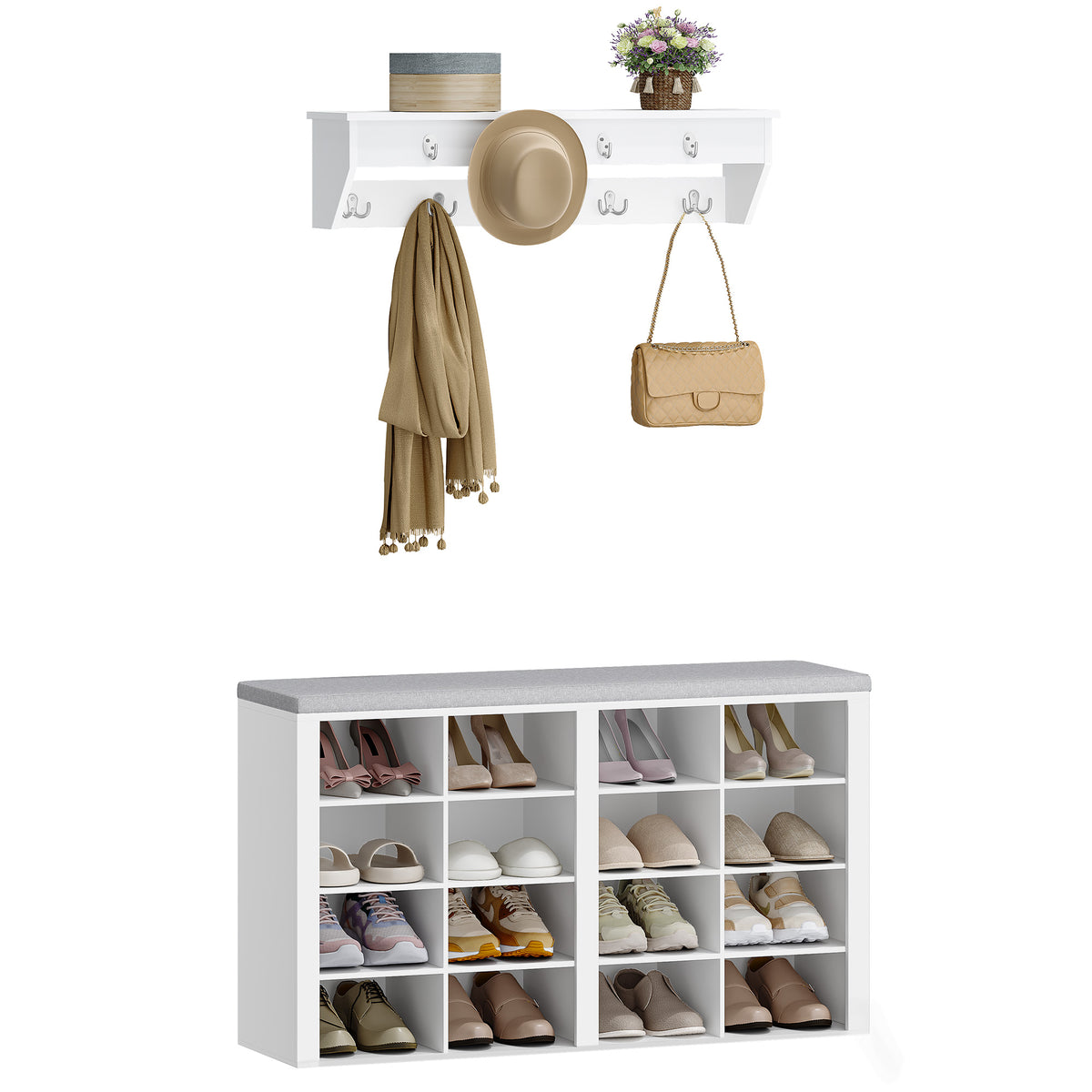 Hzuaneri Wardrobe with Bench, Shoe Bench with Seat, Entrance Bench, Wall-Mounted Wardrobe with 9 Hooks, 16 Compartments, for Living Room, Hallway, 30 x 104 x 59 cm, White-Grey, HT56603GY