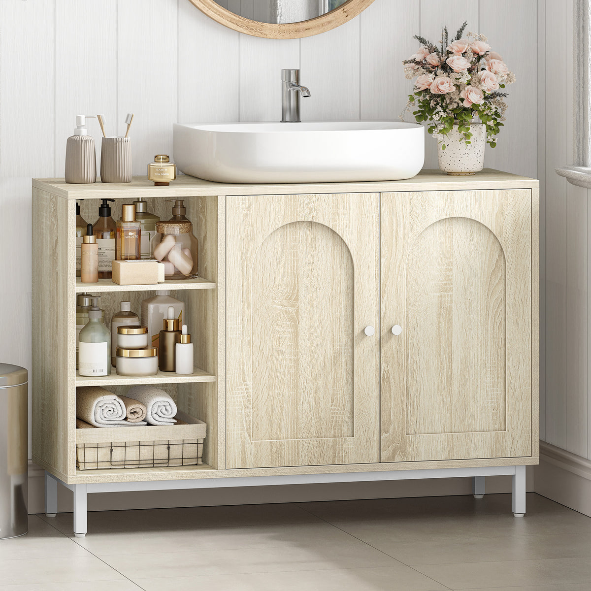 Hzuaneri vanity unit, base cabinet, washbasin cabinet, bathroom cabinet with 2 doors, adjustable shelf, ample storage space, modern style, 30 x 90 x 63 cm, light oak BC09816W