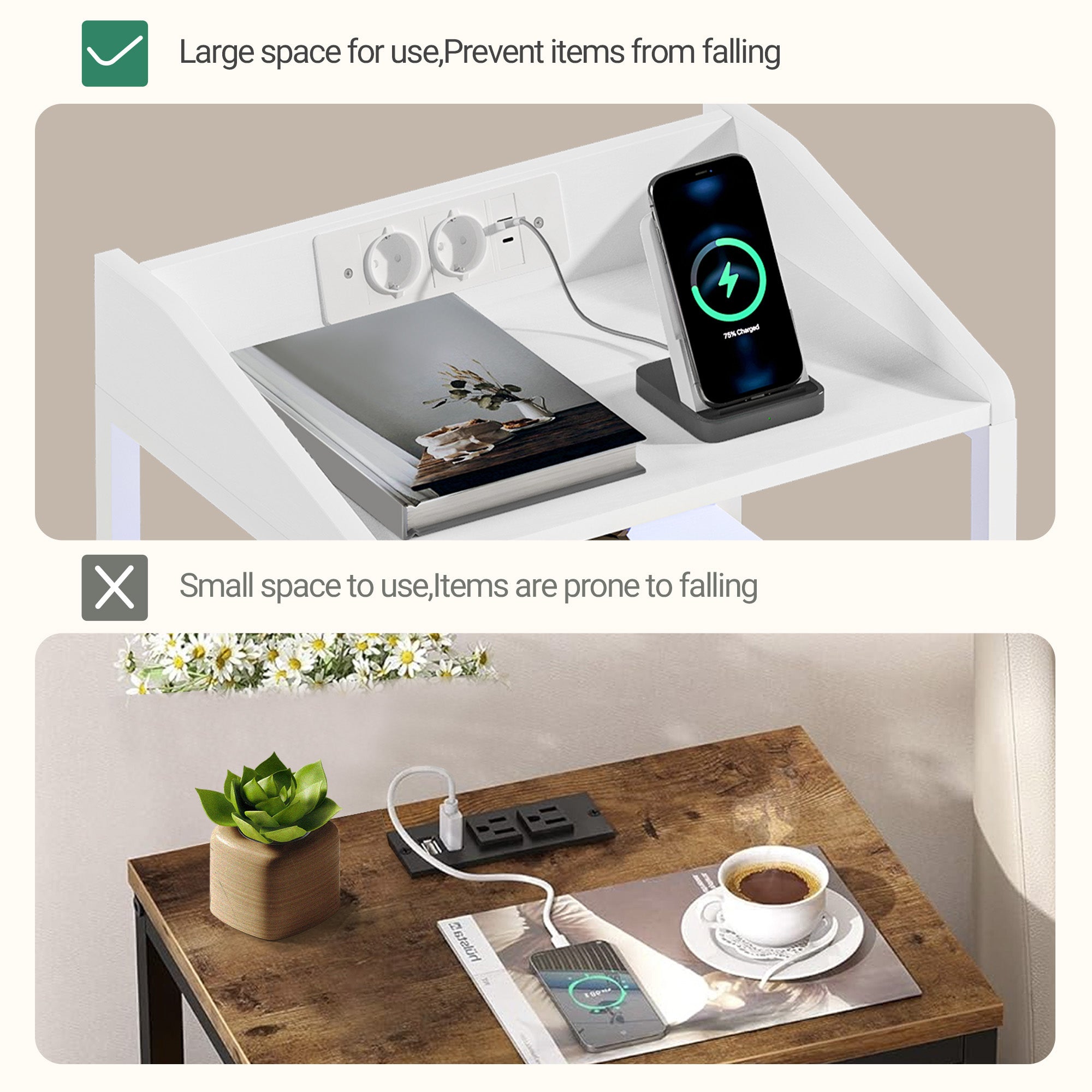 Hzuaneri Table de Chevet, avec Éclairage LED, Table de Nuit avec 2 Tiroirs de Rangement en Tissu, Tables d'appoint avec Ports USB et 2 Prises CA, pour Chambre, Blanc NS36113W