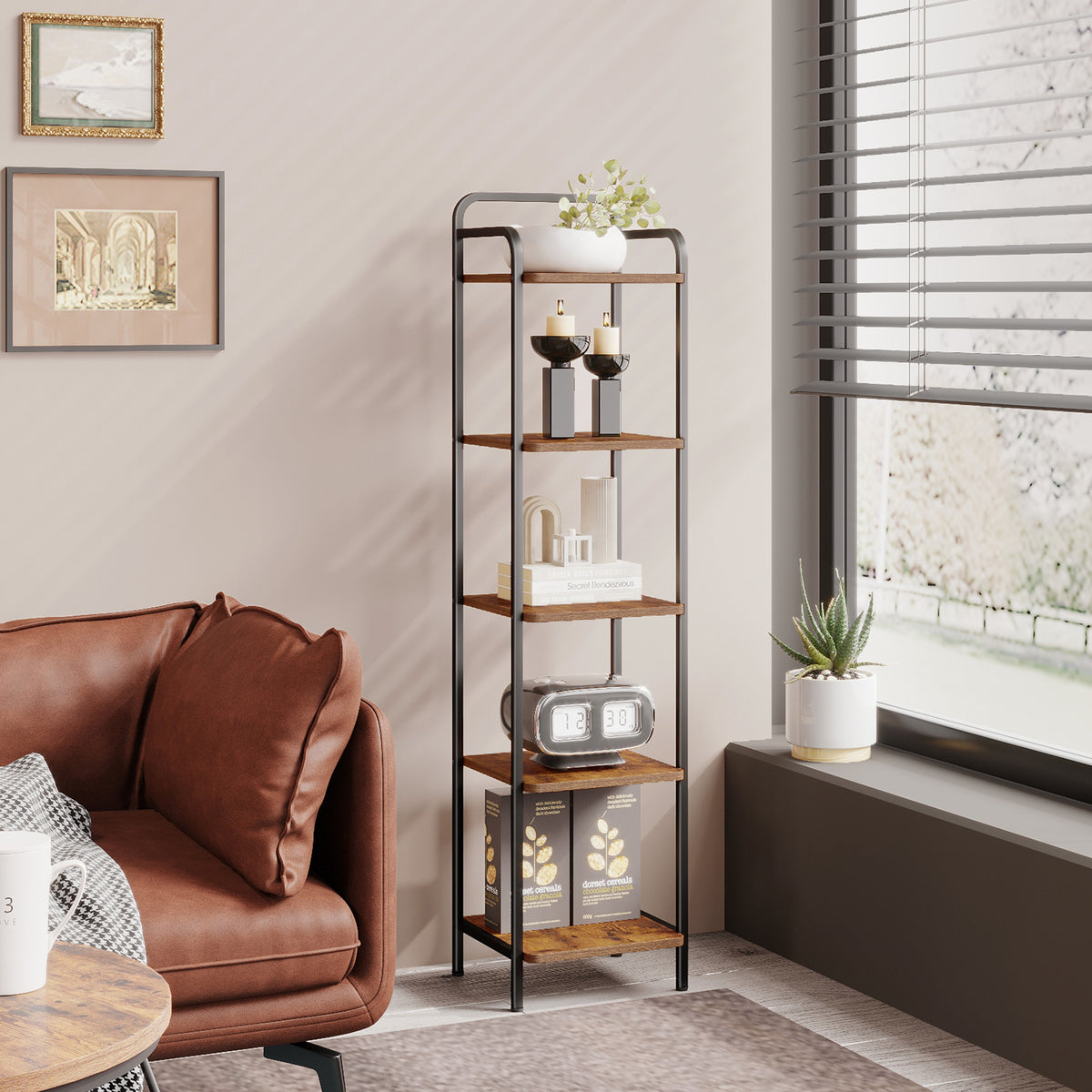 Hzuaneri 5-Tier Bookcase Bookshelf, Narrow Tall Bookcase, Slim Wooden Shelving Unit for Bedroom, Living Room, Home Office, Sturdy, Rustic Brown and Black, BC24501B