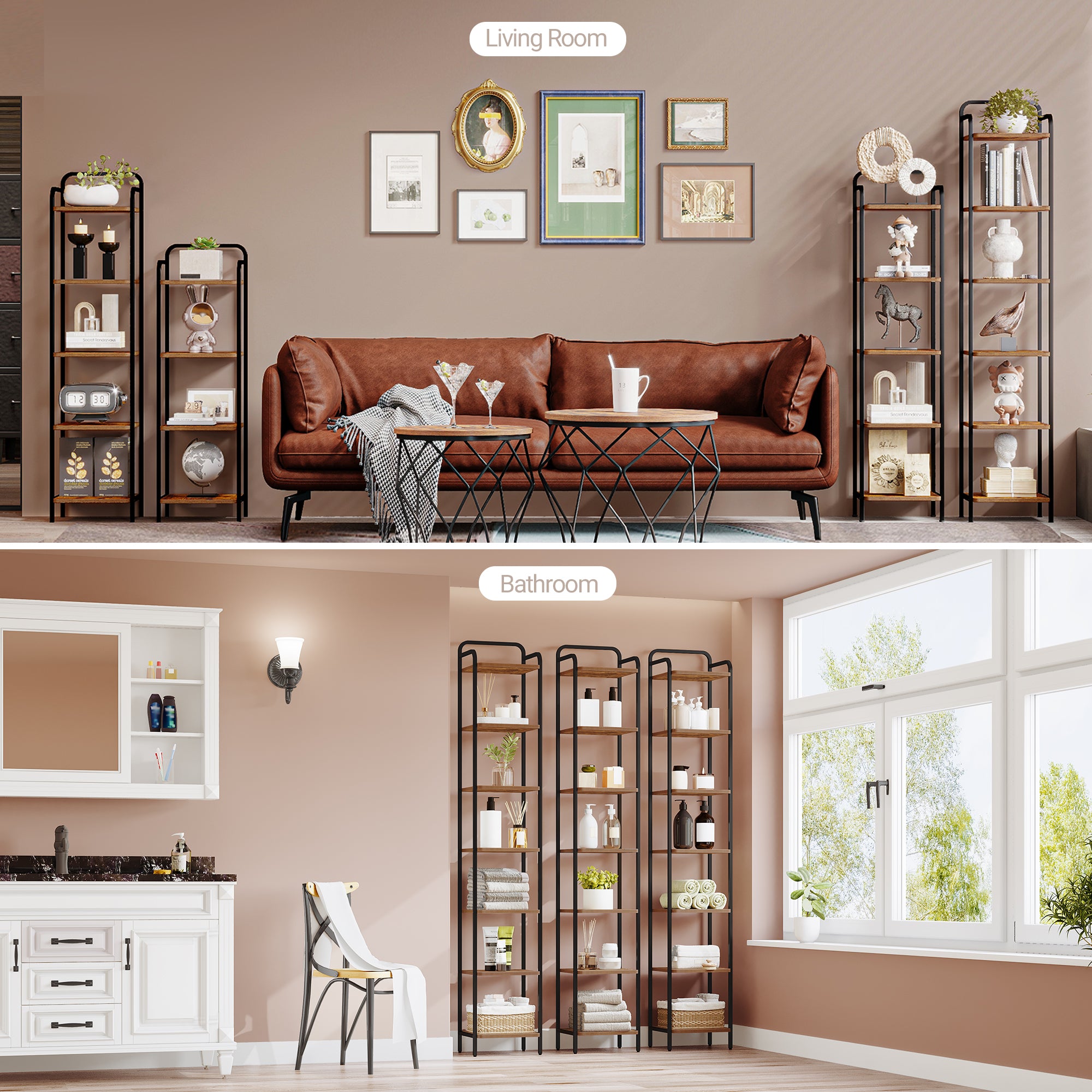 Hzuaneri 7-Tier Bookcase Bookshelf, Narrow Tall Bookcase, Slim Wooden Shelving Unit for Bedroom, Living Room, Home Office, Sturdy, Rustic Brown and Black, BC24801B