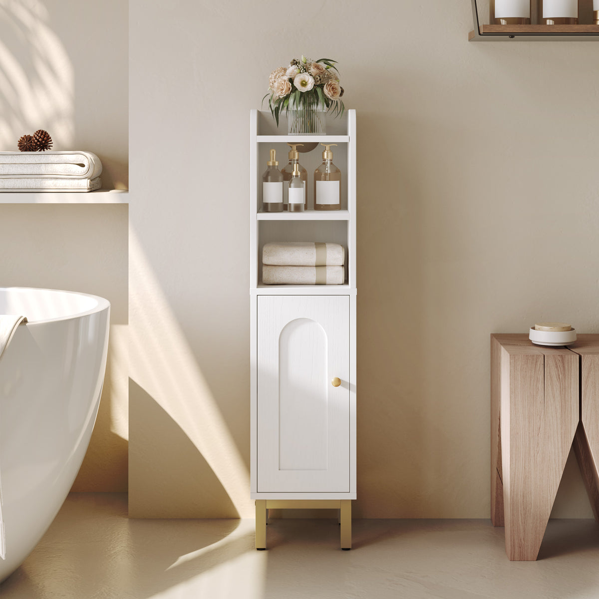 Hzuaneri Bathroom Cabinet, Bathroom Furniture, Narrow Cabinet, Adjustable Shelves, Space Saving, Easy Assembly, 20 x 20 x 83 cm, White-Gold BC08203X