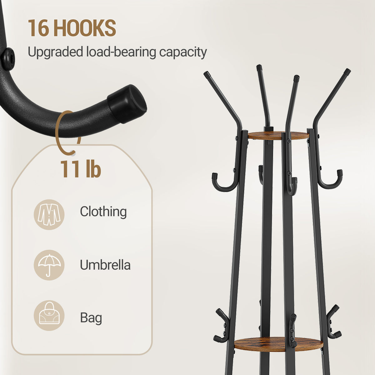 Hzuaneri Coat Rack, Clothes Rack with Large Storage Basket, Wardrobe with 3 Shelves, 16 Hooks, for Entrance Area, Bedroom, 182.5 cm High, Brown and Black CR27301B