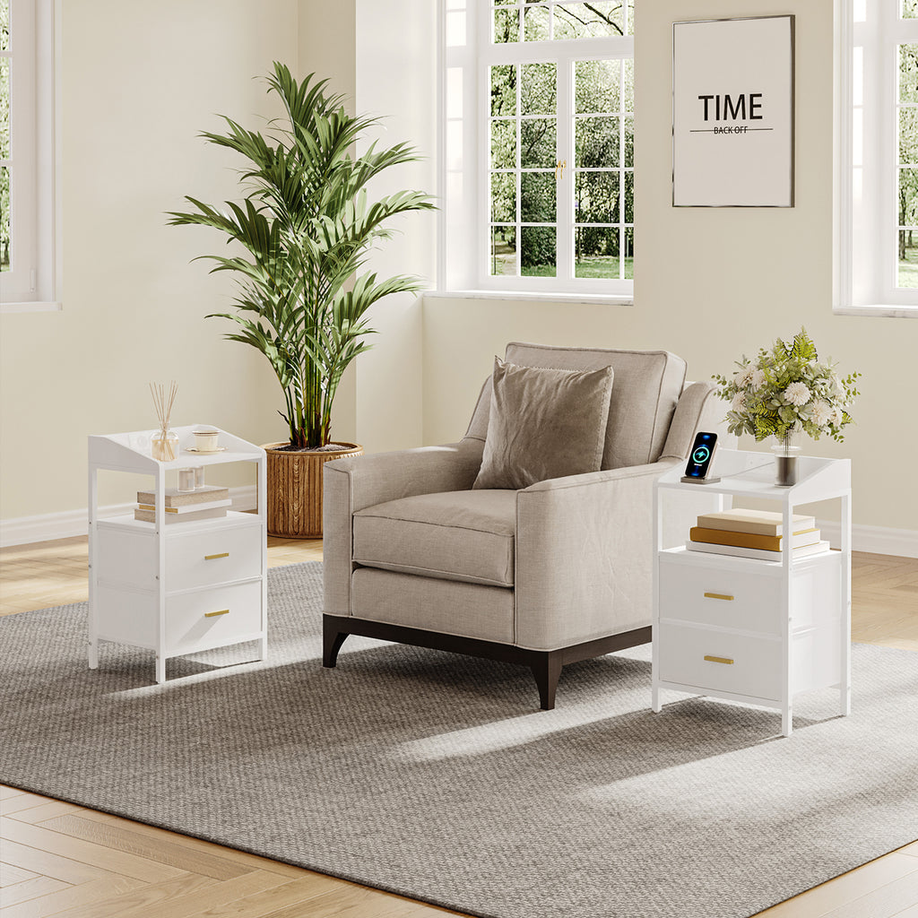 Hzuaneri Table de Chevet, avec Éclairage LED, Table de Nuit avec 2 Tiroirs de Rangement en Tissu, Tables d'appoint avec Ports USB et 2 Prises CA, pour Chambre, Blanc NS36113W