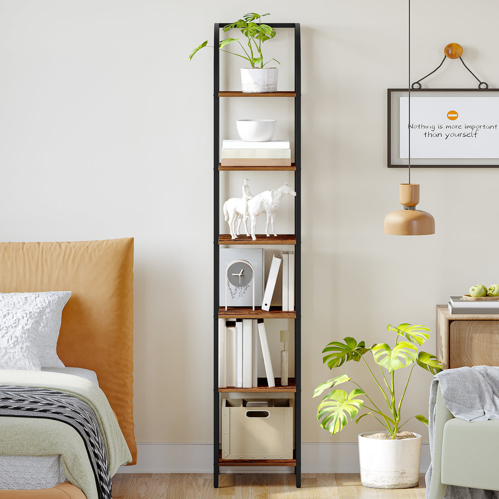 Hzuaneri Bookcase, 6-Tier Bookshelf, Narrow Bookcase Shelving Unit for Living Room, Office, Sturdy, Bedroom, 30 x 33.6 x 178 cm, Industrial, Rustic Brown and Black, BC56001B