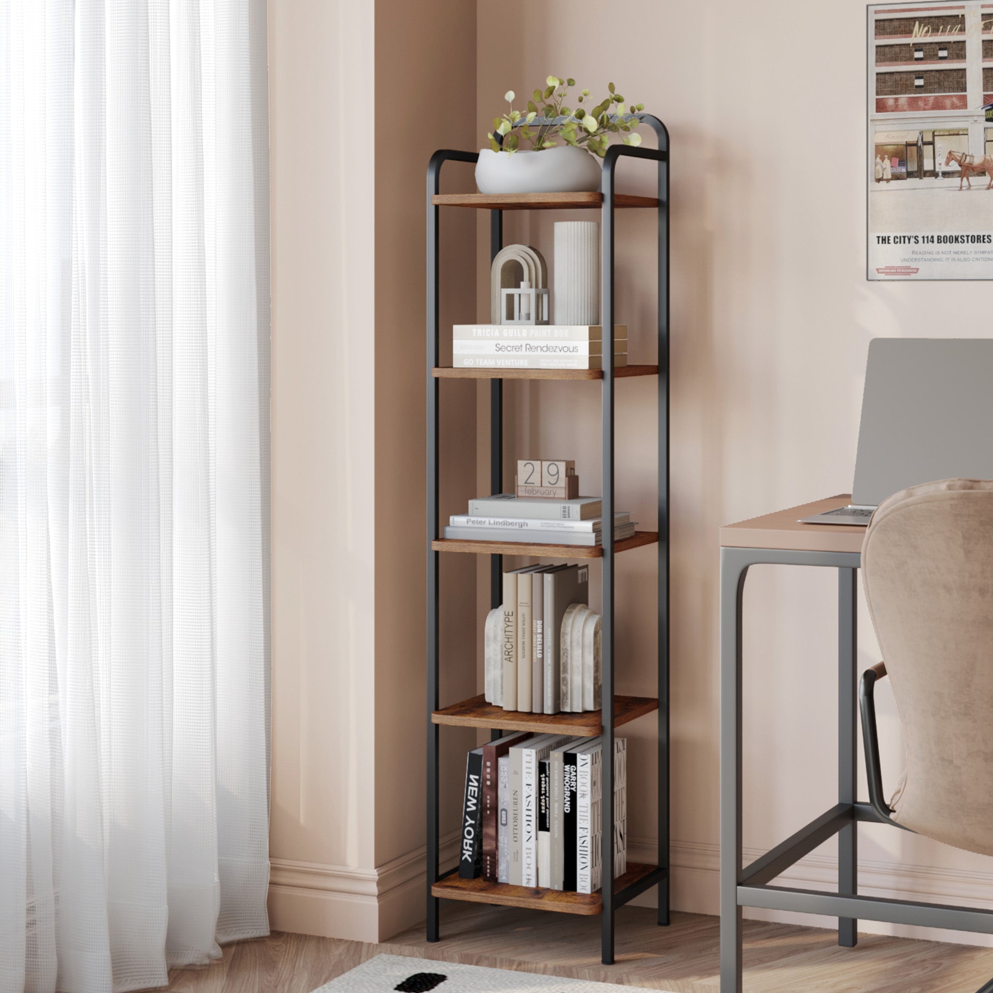 Hzuaneri 5-Tier Bookcase Bookshelf, Narrow Tall Bookcase, Slim Wooden Shelving Unit for Bedroom, Living Room, Home Office, Sturdy, Rustic Brown and Black, BC24501B