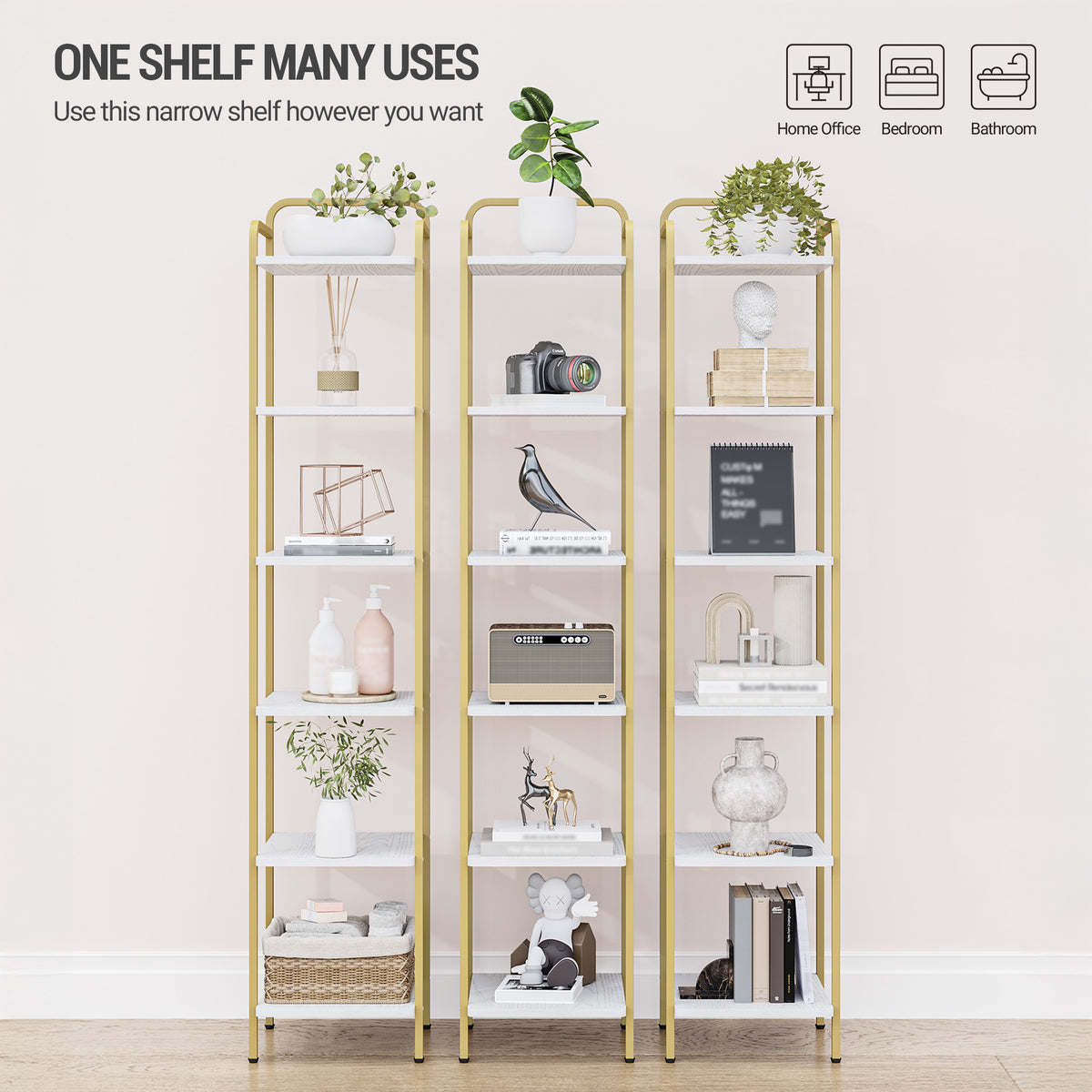 Hzuaneri 6-Tier Bookcase Bookshelf, Narrow Tall Bookcase, Slim Wooden Shelving Unit for Bedroom, Living Room, Home Office, Sturdy, White-Gold, BC24613G