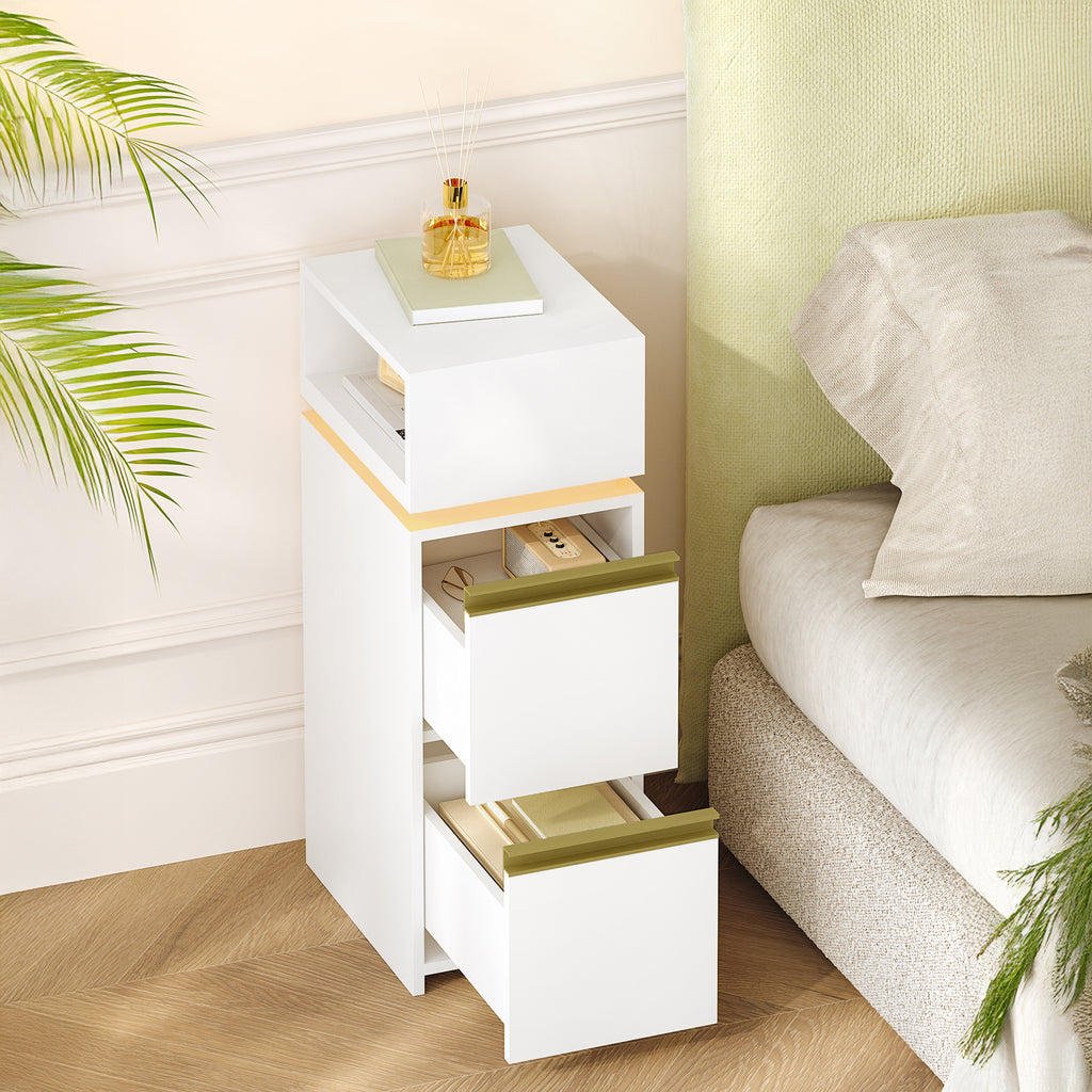 HEXCELEN Nightstand, Narrow, Side Table with 2 Drawers and 1 Open Compartment, Bedside Table for Bedroom, Side Table, for Bedroom, Living Room, Modern, White 321103X