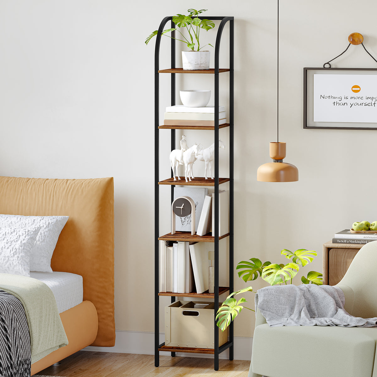 Hzuaneri Bookcase, 6-Tier Bookshelf, Narrow Bookcase Shelving Unit for Living Room, Office, Sturdy, Bedroom, 30 x 33.6 x 178 cm, Industrial, Rustic Brown and Black, BC56001B