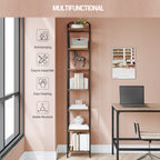 Hzuaneri 7-Tier Bookcase Bookshelf, Narrow Tall Bookcase, Slim Wooden Shelving Unit for Bedroom, Living Room, Home Office, Sturdy, Rustic Brown and Black, BC24801B