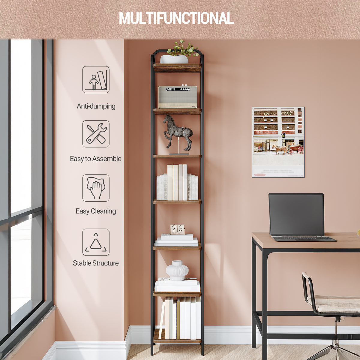 Hzuaneri 7-Tier Bookcase Bookshelf, Narrow Tall Bookcase, Slim Wooden Shelving Unit for Bedroom, Living Room, Home Office, Sturdy, Rustic Brown and Black, BC24801B
