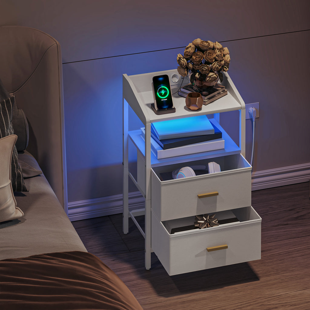 Hzuaneri Table de Chevet, avec Éclairage LED, Table de Nuit avec 2 Tiroirs de Rangement en Tissu, Tables d'appoint avec Ports USB et 2 Prises CA, pour Chambre, Blanc NS36113W